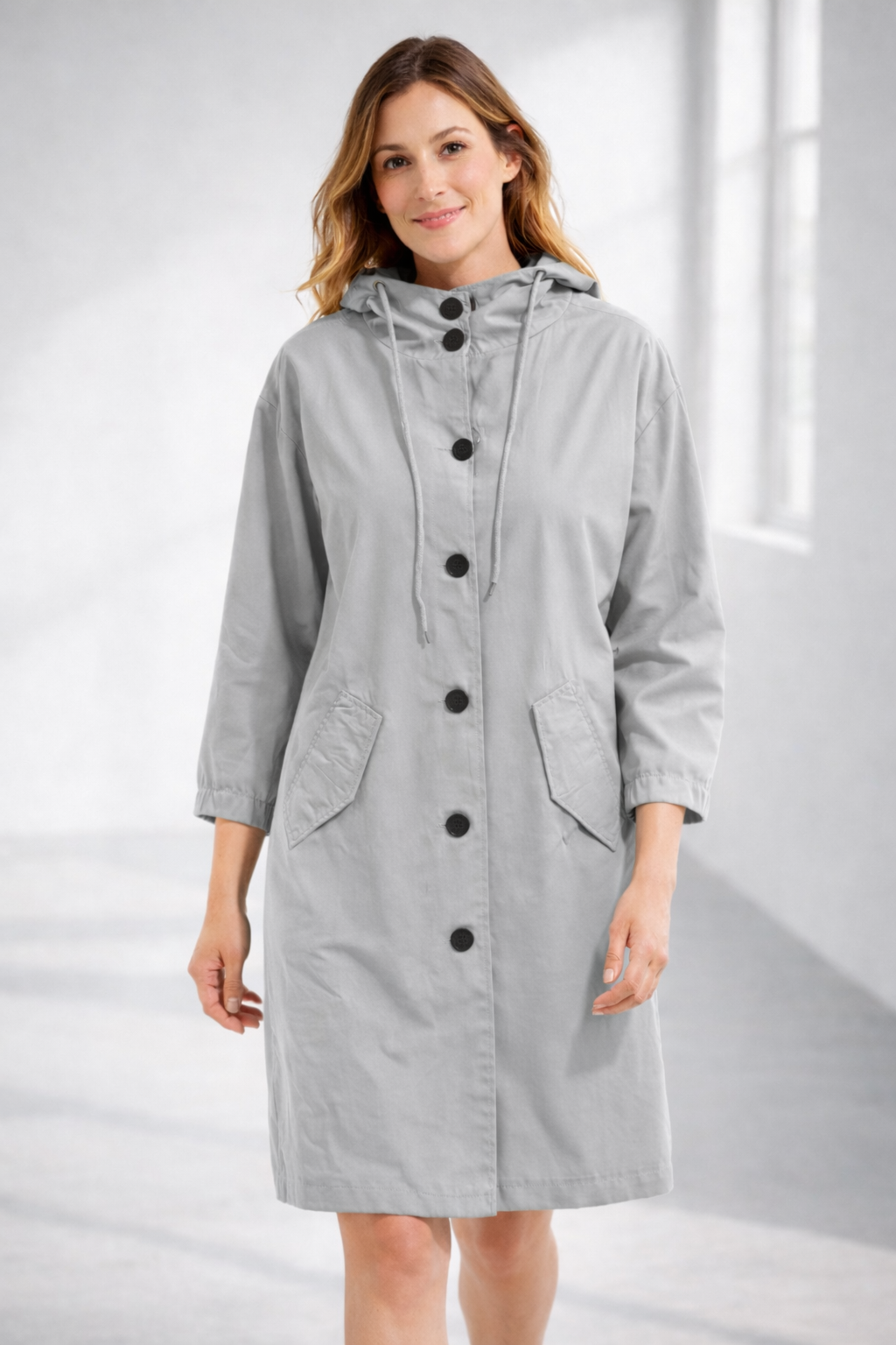 Lavinia | Longline Hooded Wool Winter Coat Black Fur Puffer — Grey
