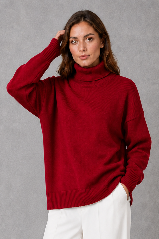 Pascale | High Neck Turtleneck Knit Jumper Sweater V Relaxed — Claret