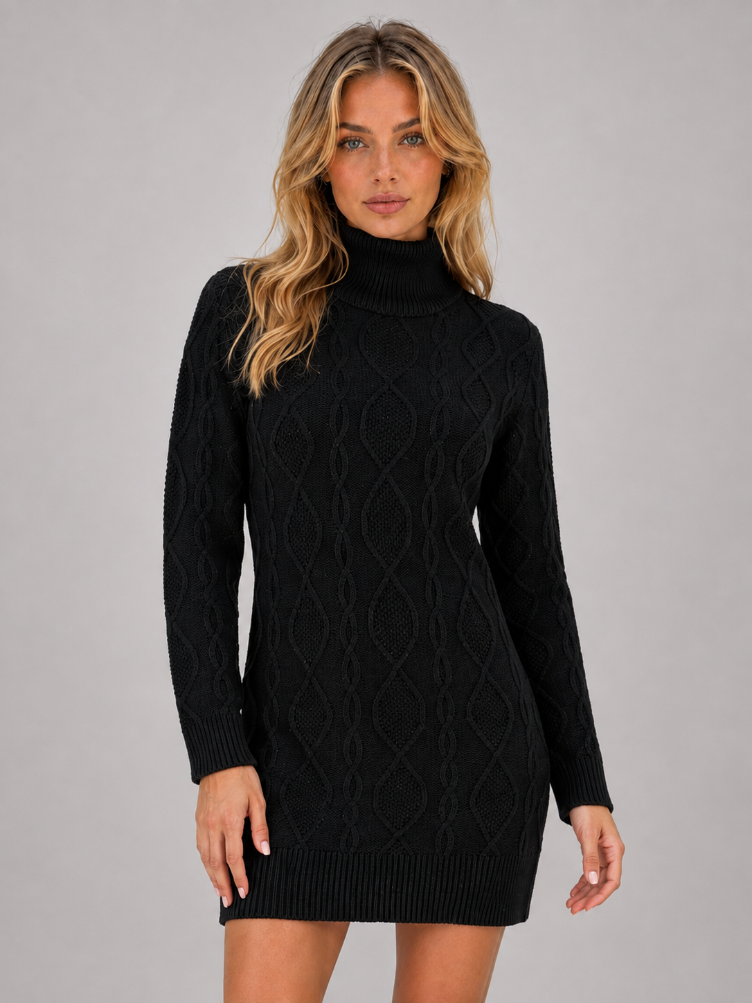 Flavie | Cable Knit Roll Neck Long Sleeve Jumper Mini Dress — Black