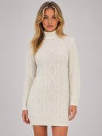 Flavie | Cable Knit Roll Neck Long Sleeve Jumper Mini Dress — Cream