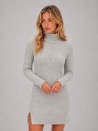 Flavie | Cable Knit Roll Neck Long Sleeve Jumper Mini Dress — Grey