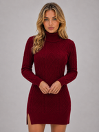 Flavie | Cable Knit Roll Neck Long Sleeve Jumper Mini Dress — Red