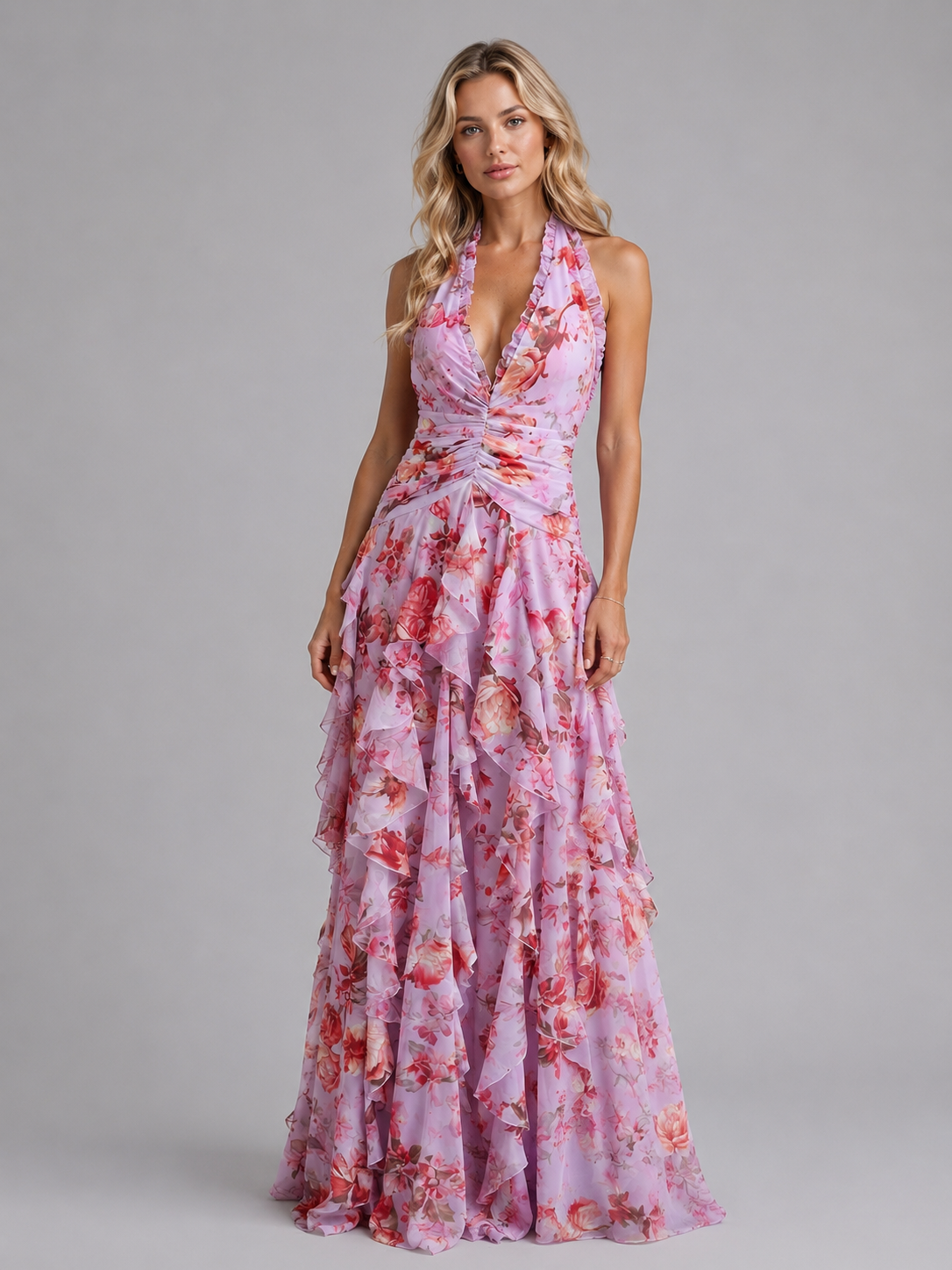 Leonie | Floral Halter Bridesmaid Dresses Maxi Wedding Guest