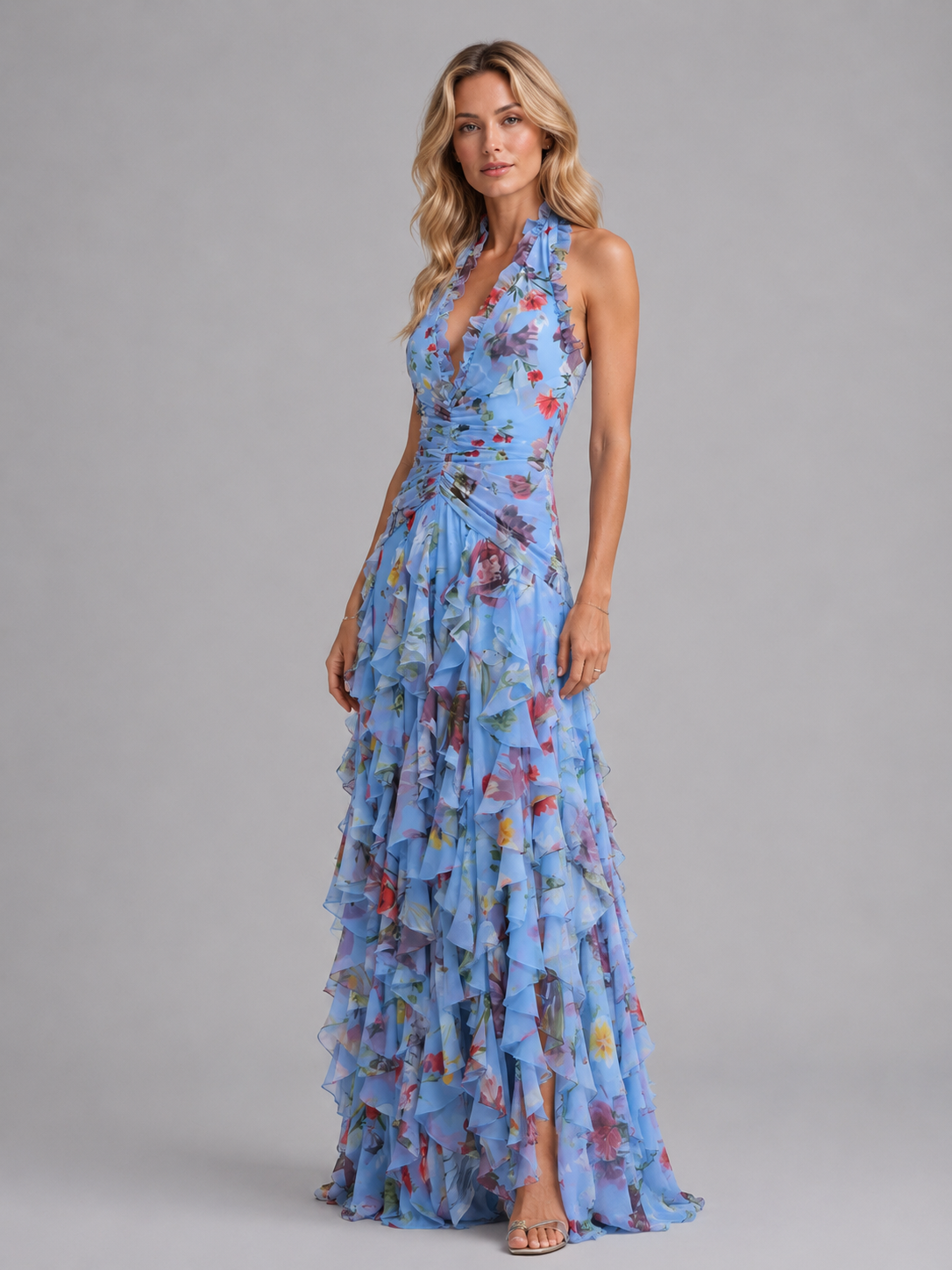 Leonie | Floral Halter Bridesmaid Dresses Maxi Wedding Guest