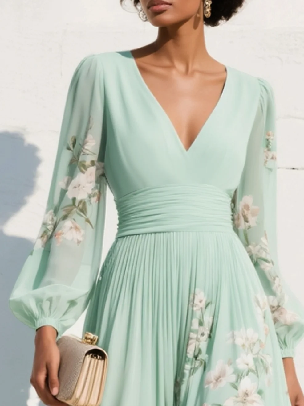 Anouk | Floral Bridesmaid Dresses V-Neck Long Sleeve Midi