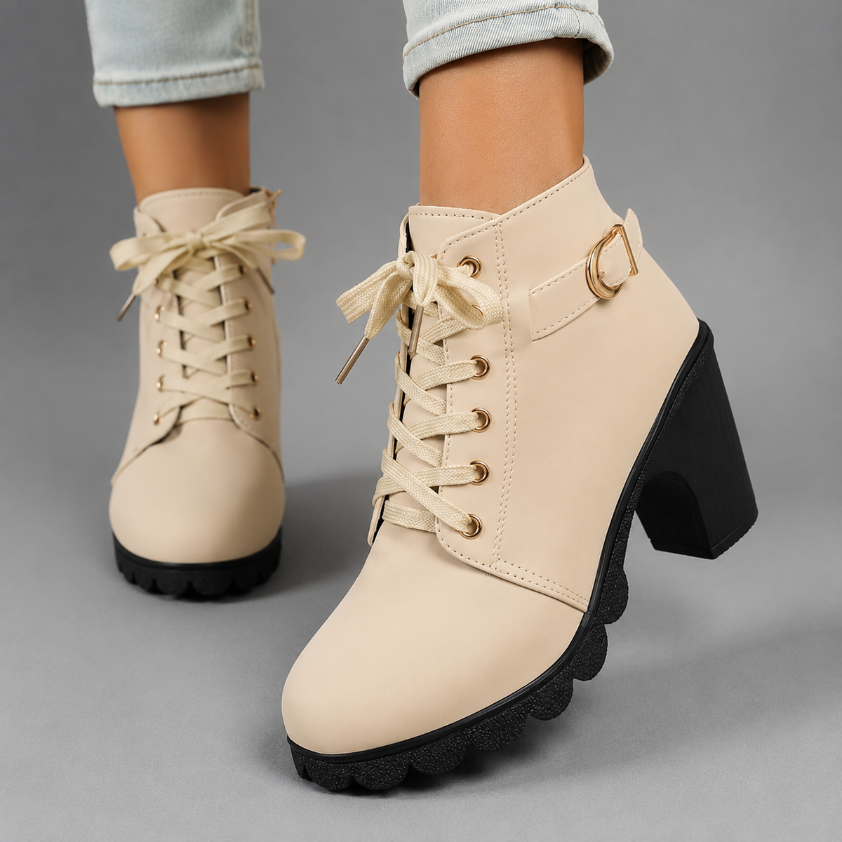 Theodora | Black Leather Chunky Heel Lace-Up Ankle Boots