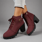 Theodora | Black Leather Chunky Heel Lace-Up Ankle Boots — Burgundy