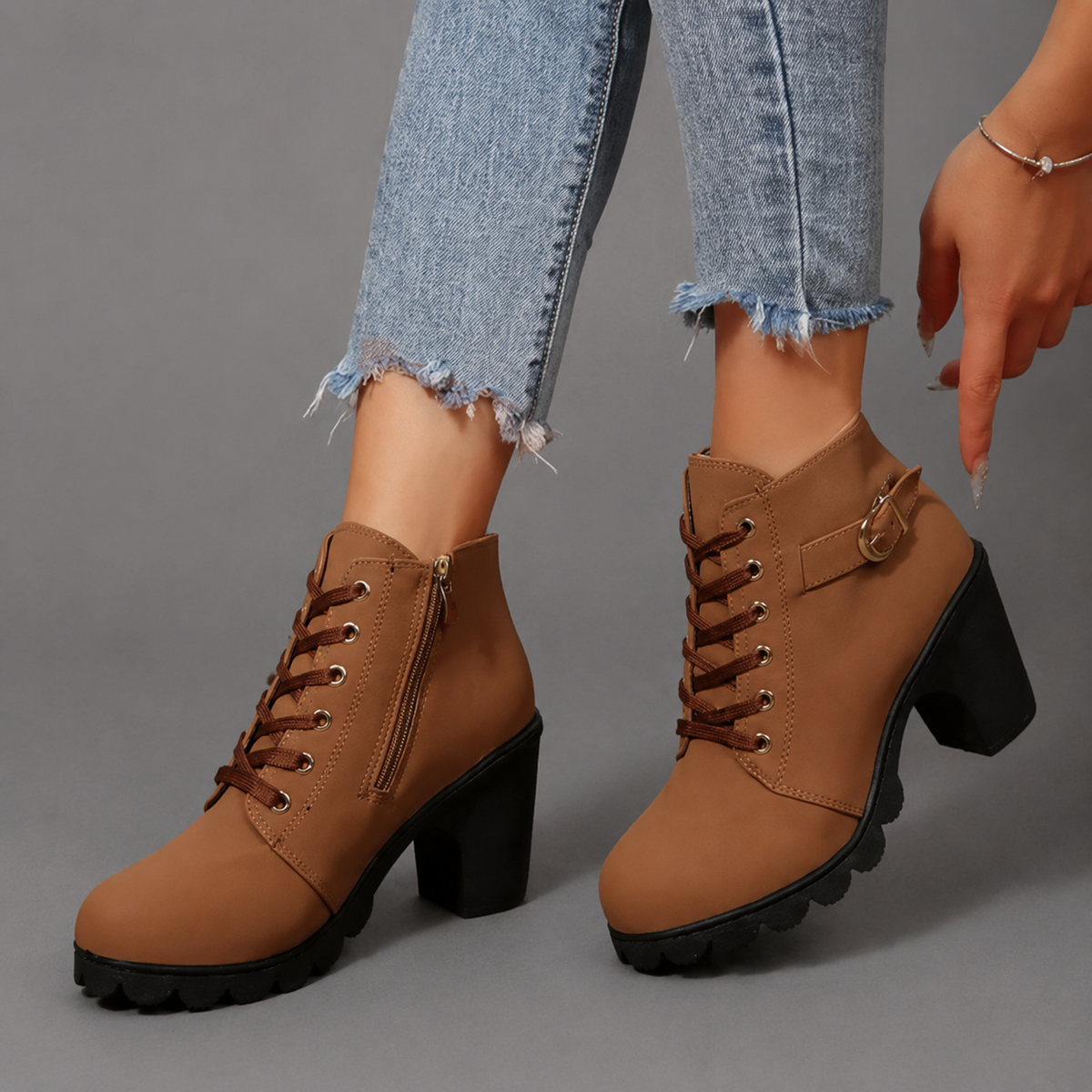 Theodora | Black Leather Chunky Heel Lace-Up Ankle Boots — Brown