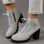 Theodora | Black Leather Chunky Heel Lace-Up Ankle Boots — Light Grey