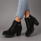 Theodora | Black Leather Chunky Heel Lace-Up Ankle Boots — Black