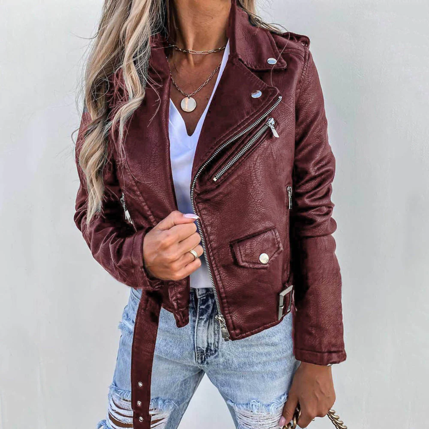 Nadia | Faux Leather Biker Jacket Asymmetric Zip Moto Style