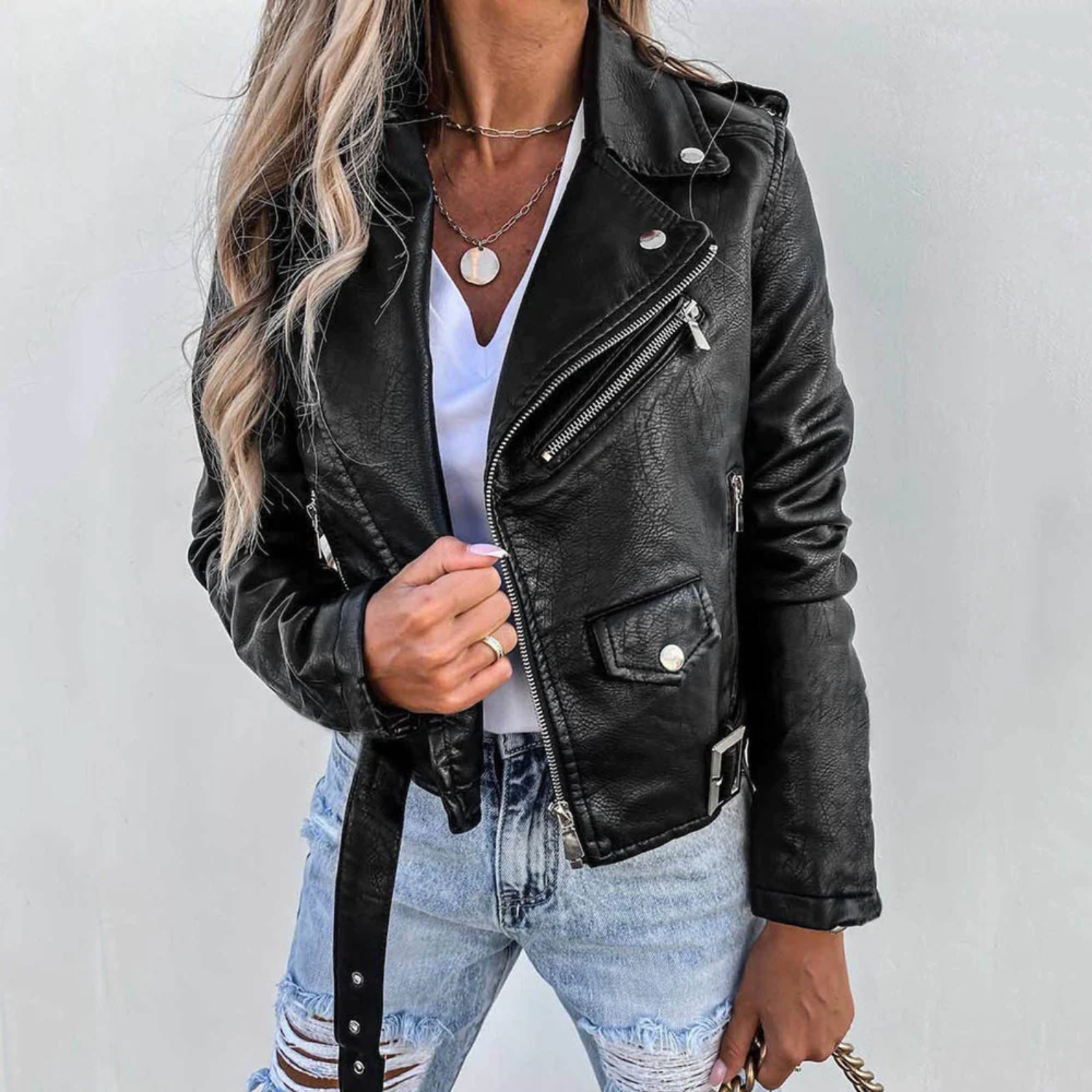 Nadia | Faux Leather Biker Jacket Asymmetric Zip Moto Style