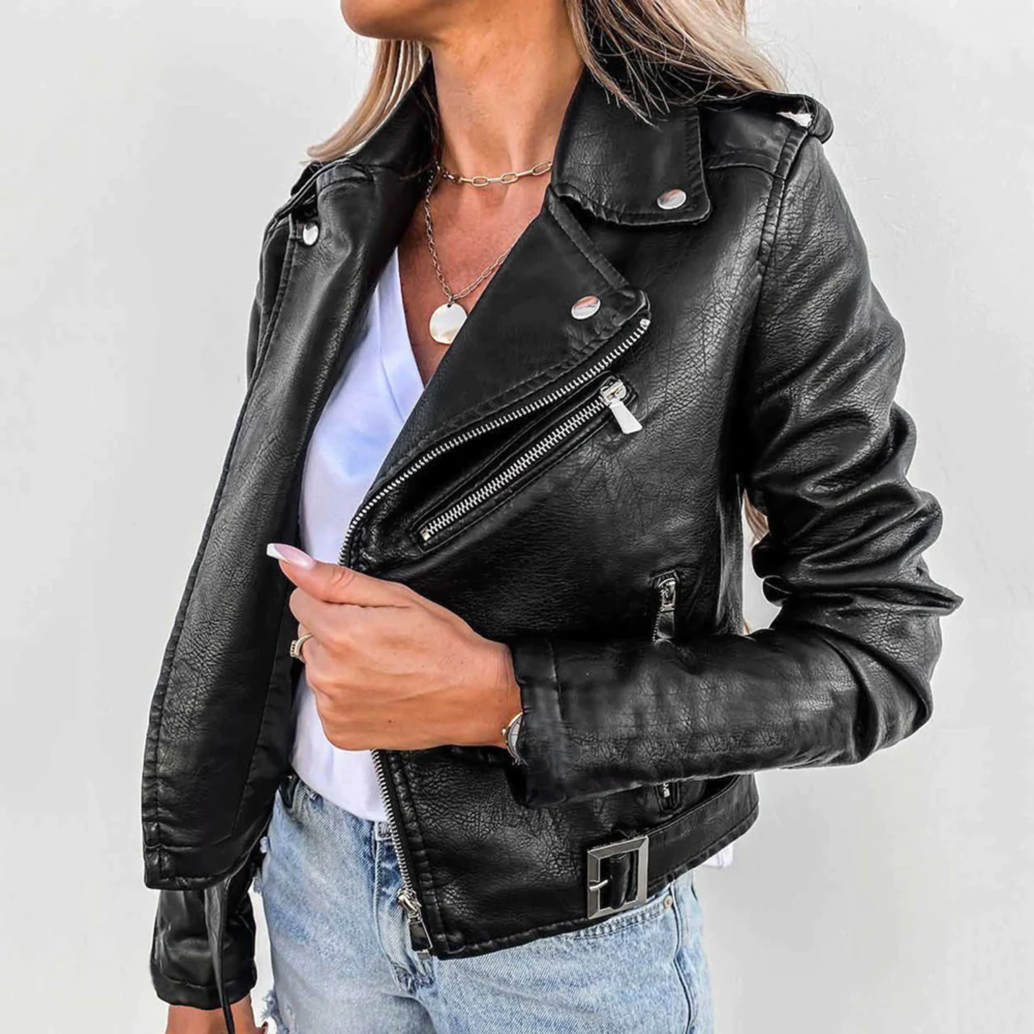 Nadia | Faux Leather Biker Jacket Asymmetric Zip Moto Style