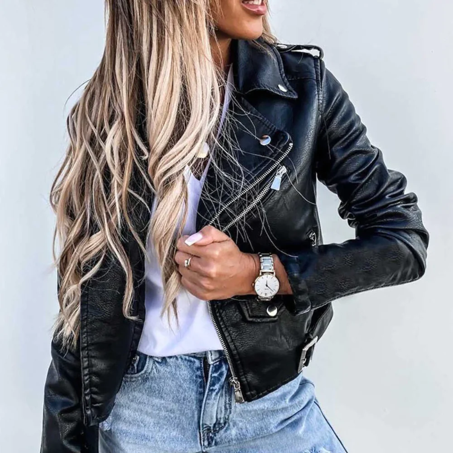 Nadia | Faux Leather Biker Jacket Asymmetric Zip Moto Style
