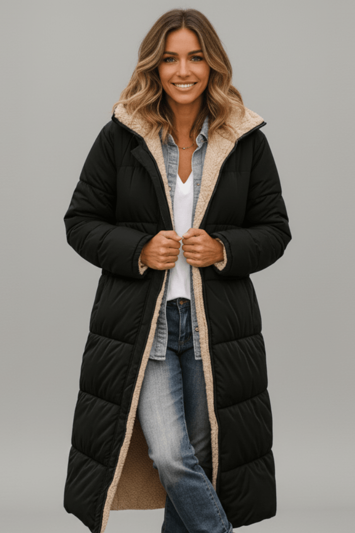 Capucine | Long Black Puffer Longline Coat Winter Commute — Black