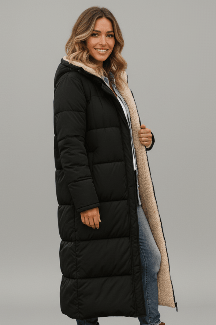Capucine | Long Black Puffer Longline Coat Winter Commute