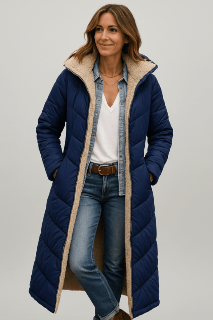 Capucine | Long Black Puffer Longline Coat Winter Commute — Navy Blue