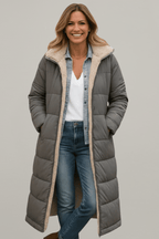 Capucine | Long Black Puffer Longline Coat Winter Commute — Grey