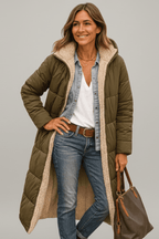 Capucine | Long Black Puffer Longline Coat Winter Commute — Army Green