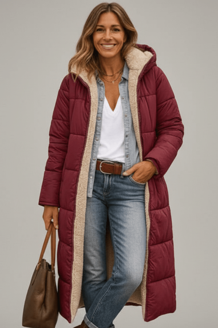 Capucine | Long Black Puffer Longline Coat Winter Commute — Burgundy