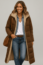 Capucine | Long Black Puffer Longline Coat Winter Commute — Brown
