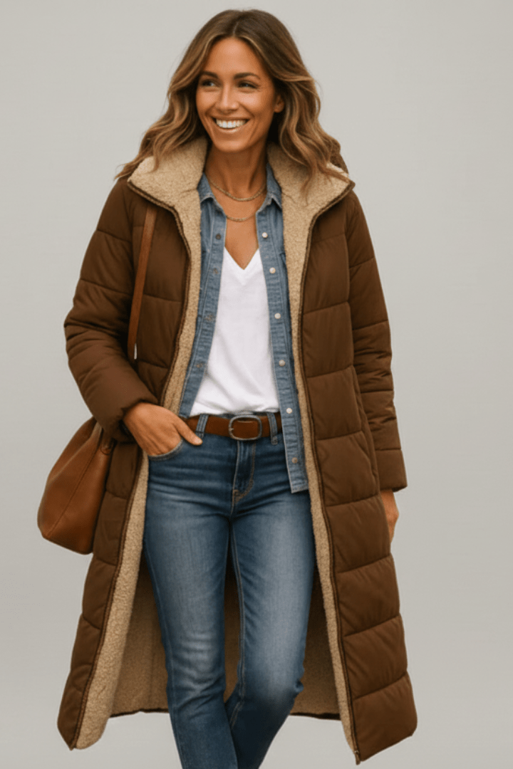 Capucine | Long Black Puffer Longline Coat Winter Commute — Brown