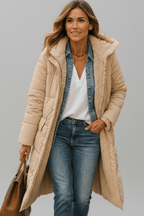 Capucine | Long Black Puffer Longline Coat Winter Commute — Beige