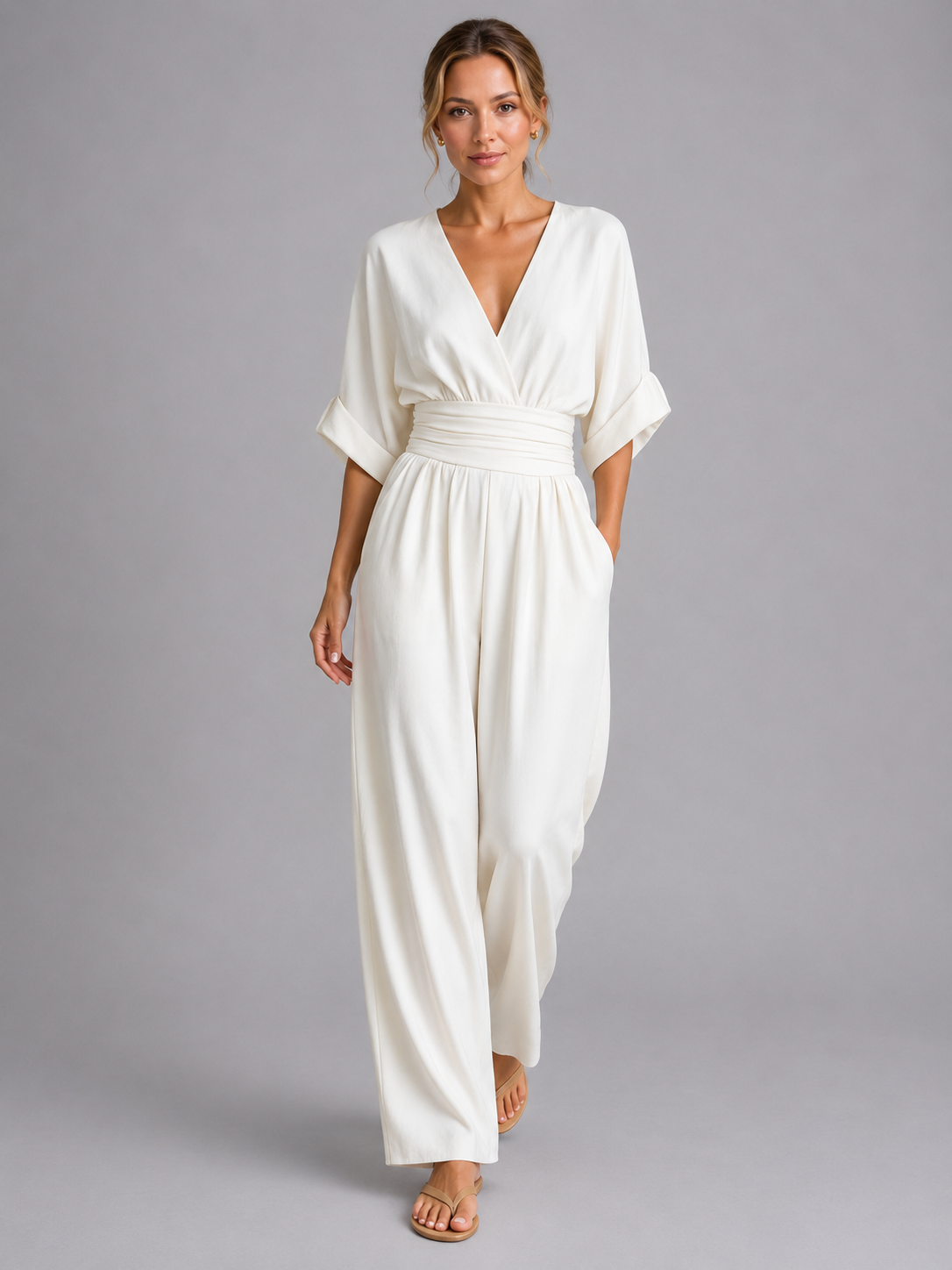 Camille | Womens Wide Leg Romper Pants Jumpsuit Cinched Waist