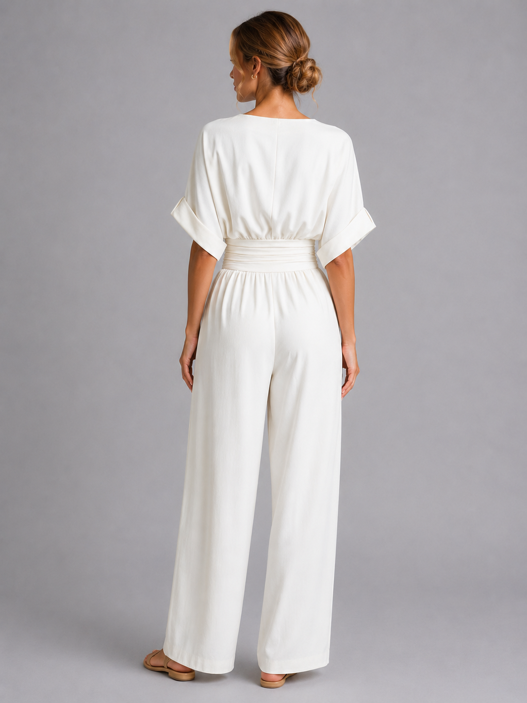 Camille | Womens Wide Leg Romper Pants Jumpsuit Cinched Waist