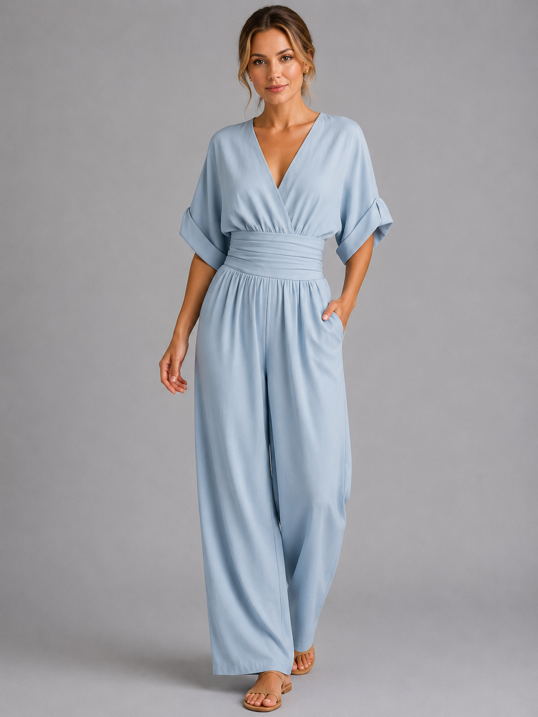 Camille | Womens Wide Leg Romper Pants Jumpsuit Cinched Waist