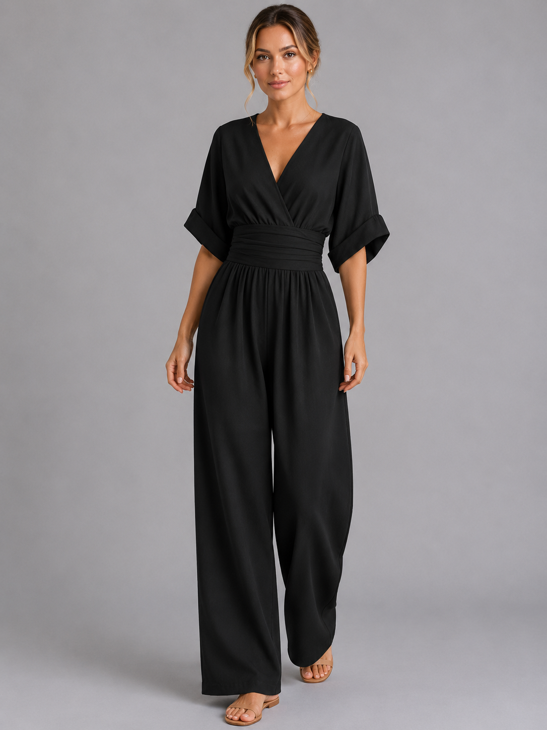 Camille | Womens Wide Leg Romper Pants Jumpsuit Cinched Waist