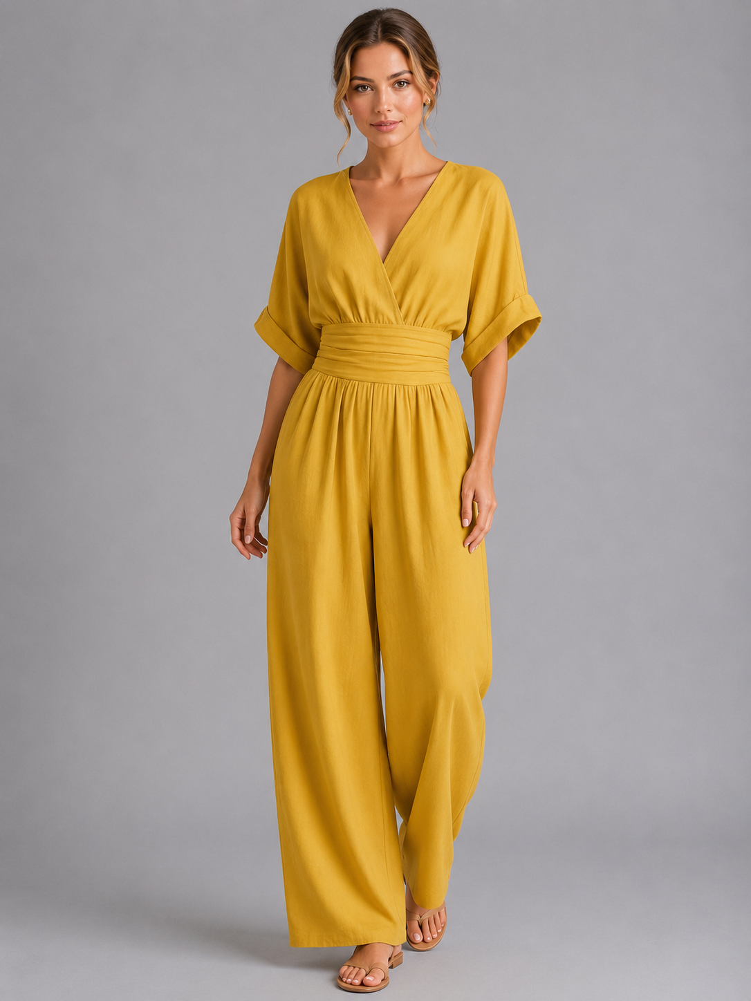 Camille | Womens Wide Leg Romper Pants Jumpsuit Cinched Waist