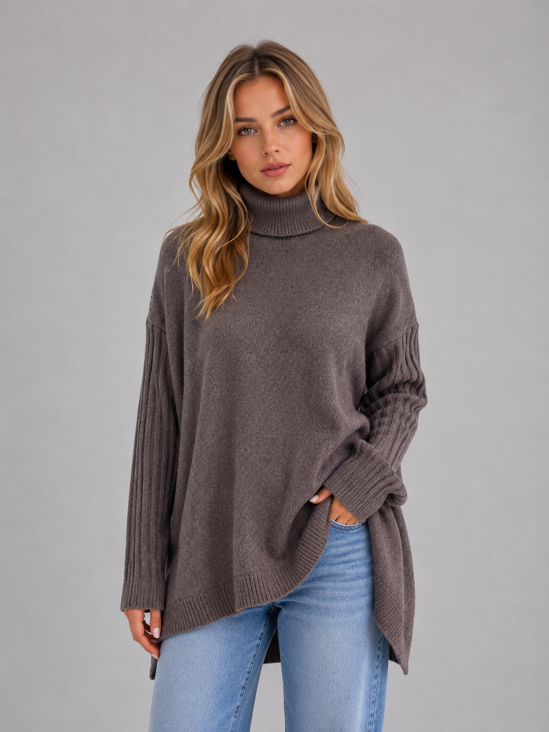 Iliana | Oversized Roll Neck White Jumper Sweater Cosy Knit — Brown