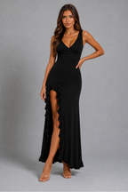 Yolanda | Ruffle Split Open Back Evening Maxi Dresses — Black