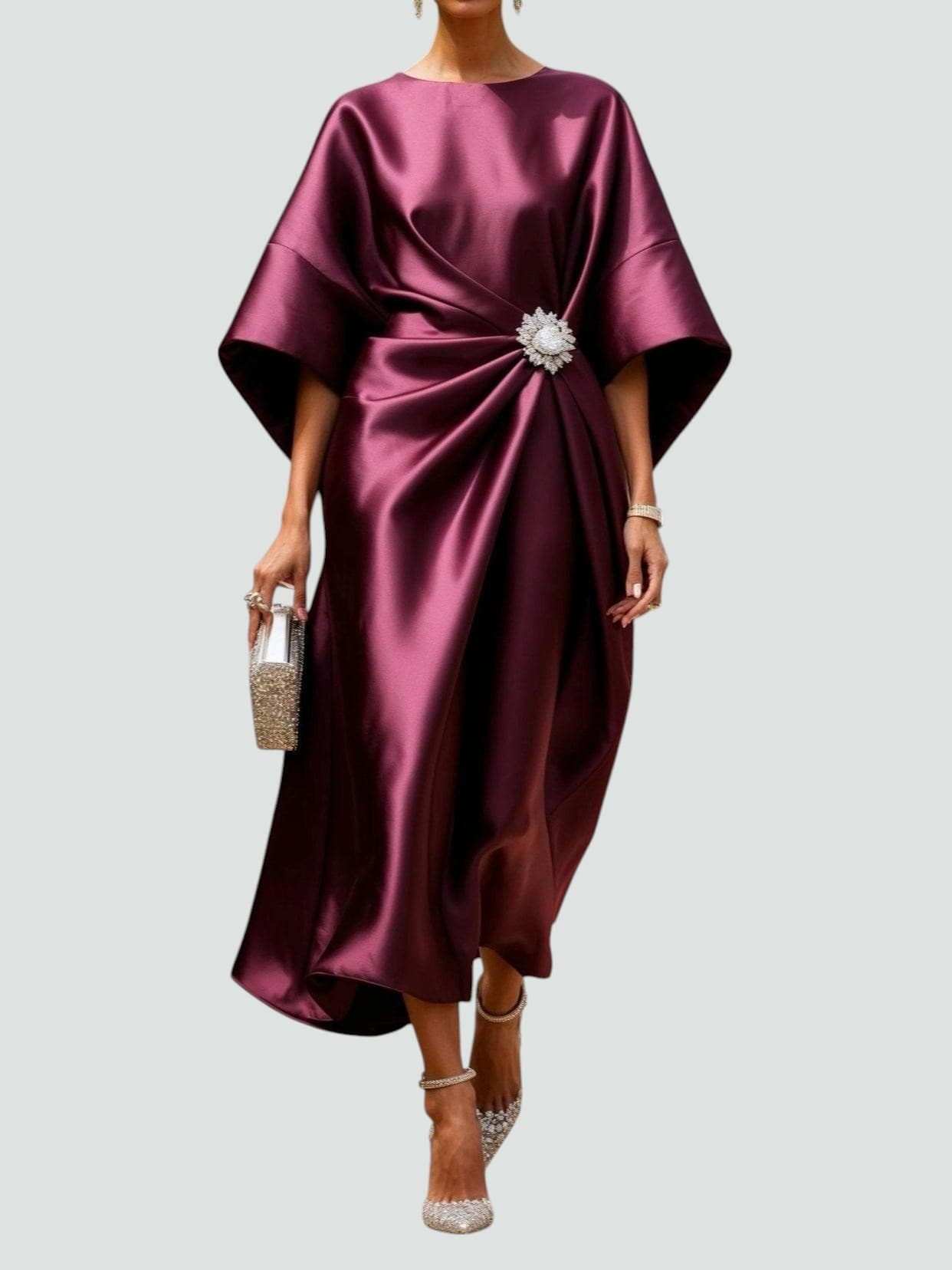 Octavia | Satin Midi Dress with Brooch Cinched Waist