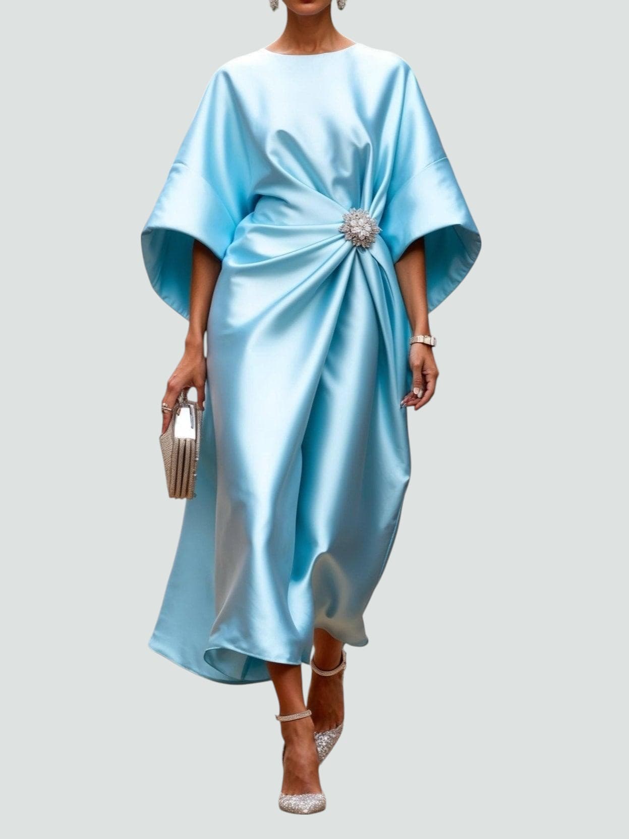 Octavia | Satin Midi Dress with Brooch Cinched Waist