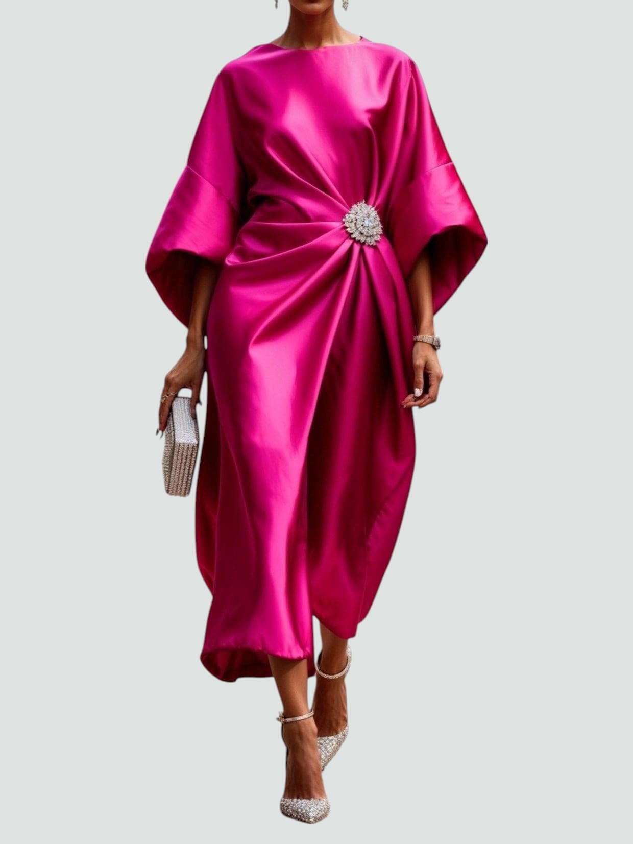 Octavia | Satin Midi Dress with Brooch Cinched Waist
