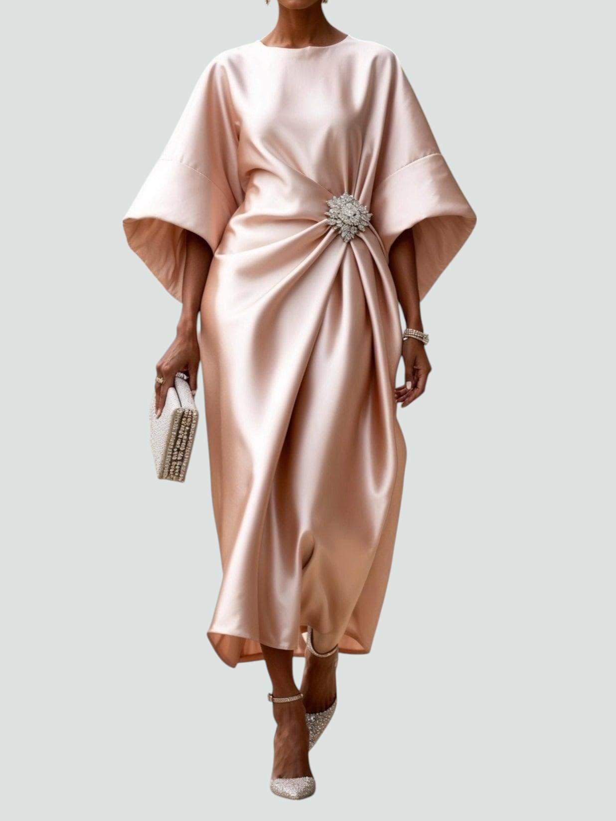 Octavia | Satin Midi Dress with Brooch Cinched Waist