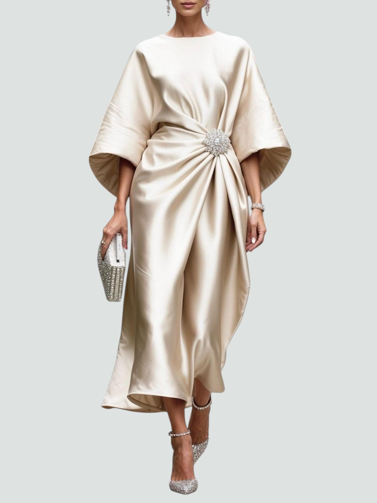 Octavia | Satin Midi Dress with Brooch Cinched Waist