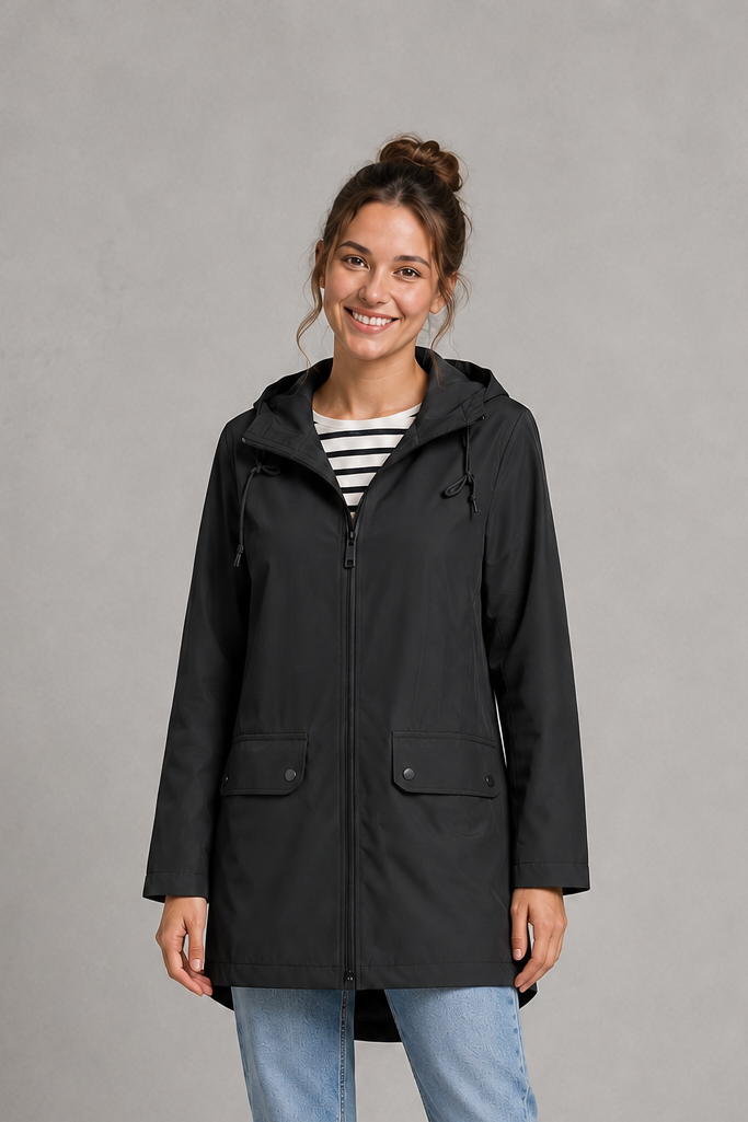 Isadora | Long Waterproof Hooded Winter Rain Coat — Black