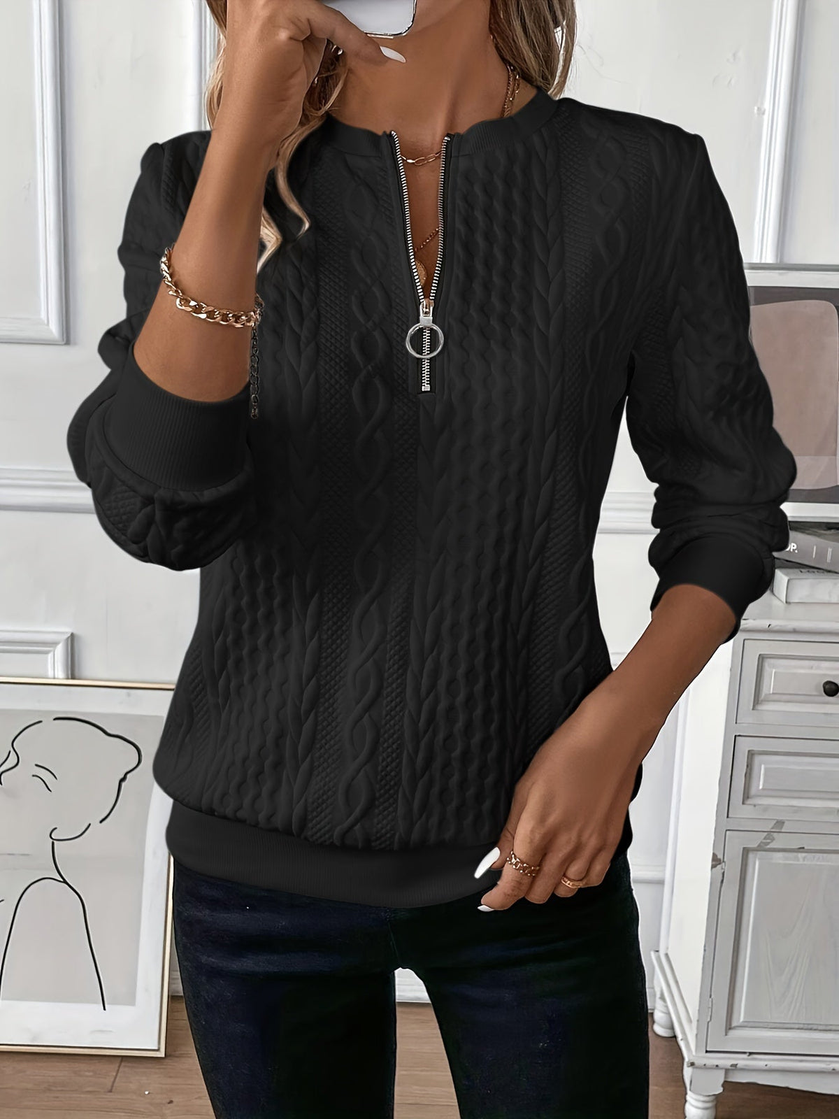 Rosaline | Chunky Cable Knit Half Zip Knitted Sweater — Black