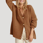Henriette | Cream Cable Knit Cashmere V Neck Oversized Cardigan Sweater — Brown