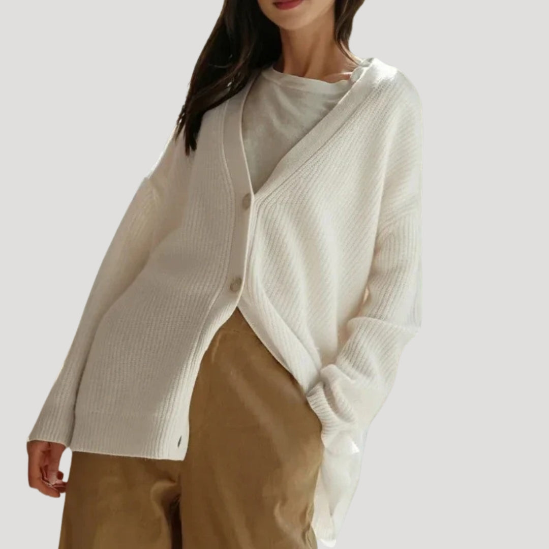 Henriette | Cream Cable Knit Cashmere V Neck Oversized Cardigan Sweater — White