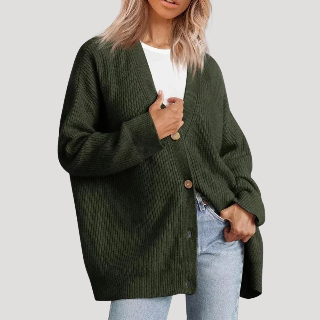 Henriette | Cream Cable Knit Cashmere V Neck Oversized Cardigan Sweater — Green