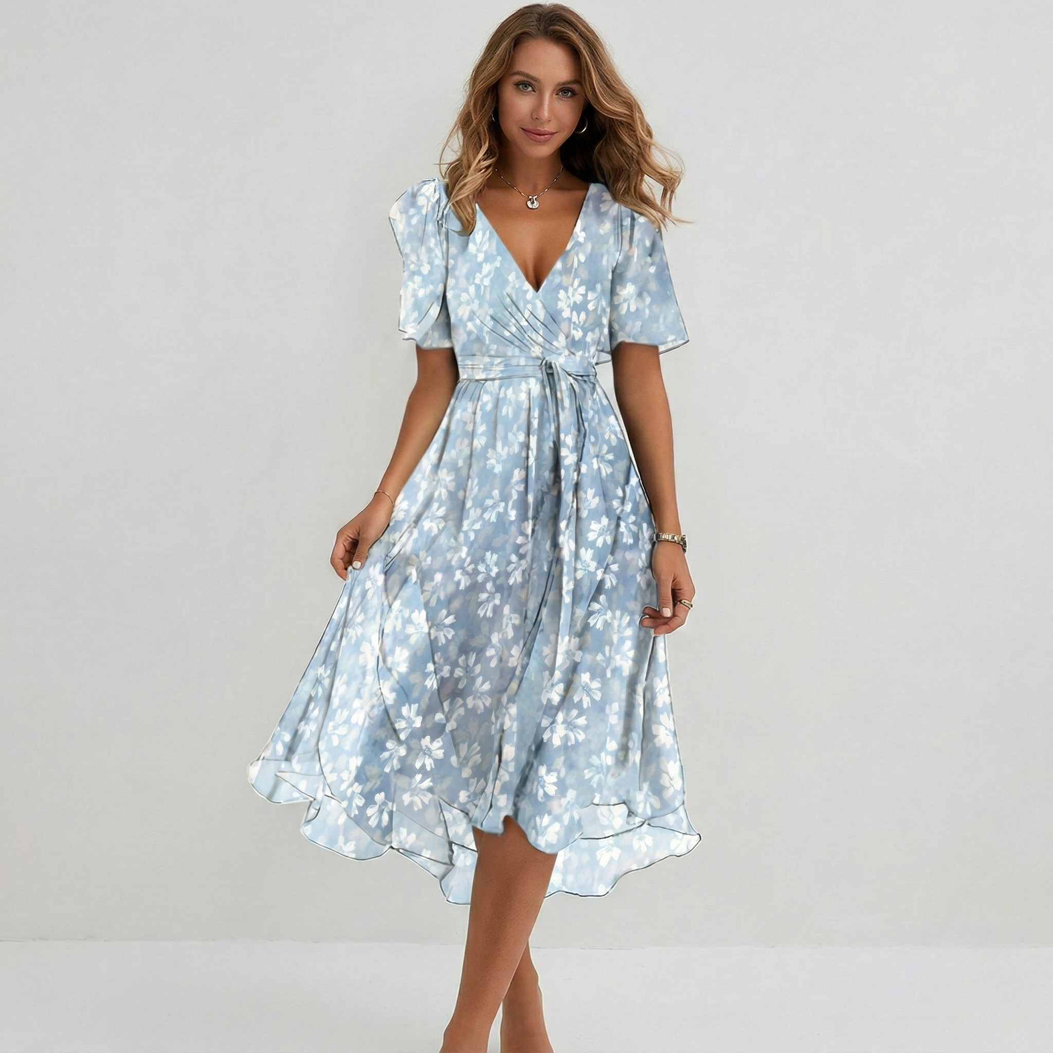 Quintessa | Floral Wrap Tiered Midi Wedding Guest Dresses