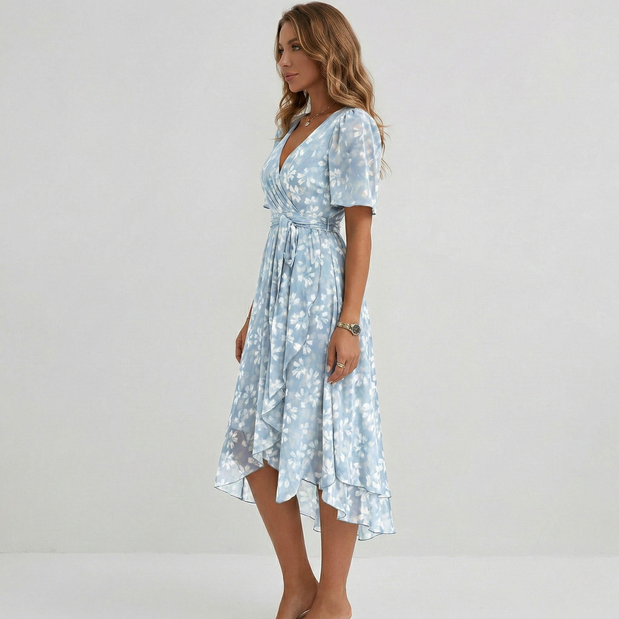 Quintessa | Floral Wrap Tiered Midi Wedding Guest Dresses