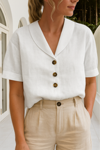 Quintessa | Button Front Shawl Collar Blouse Short Sleeve