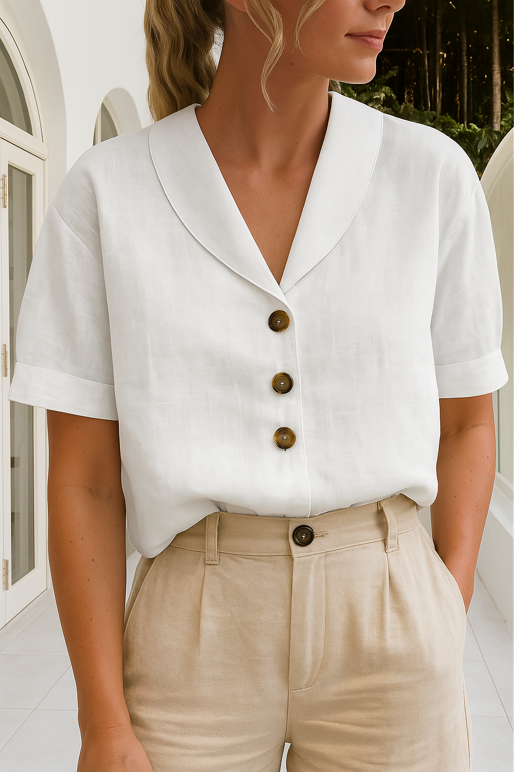 Quintessa | Button Front Shawl Collar Blouse Short Sleeve