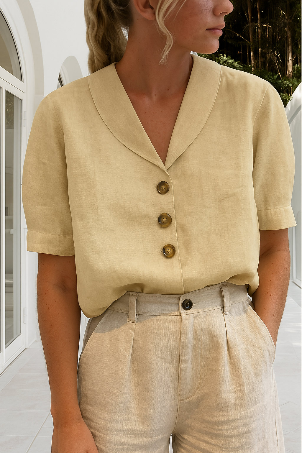 Quintessa | Button Front Shawl Collar Blouse Short Sleeve