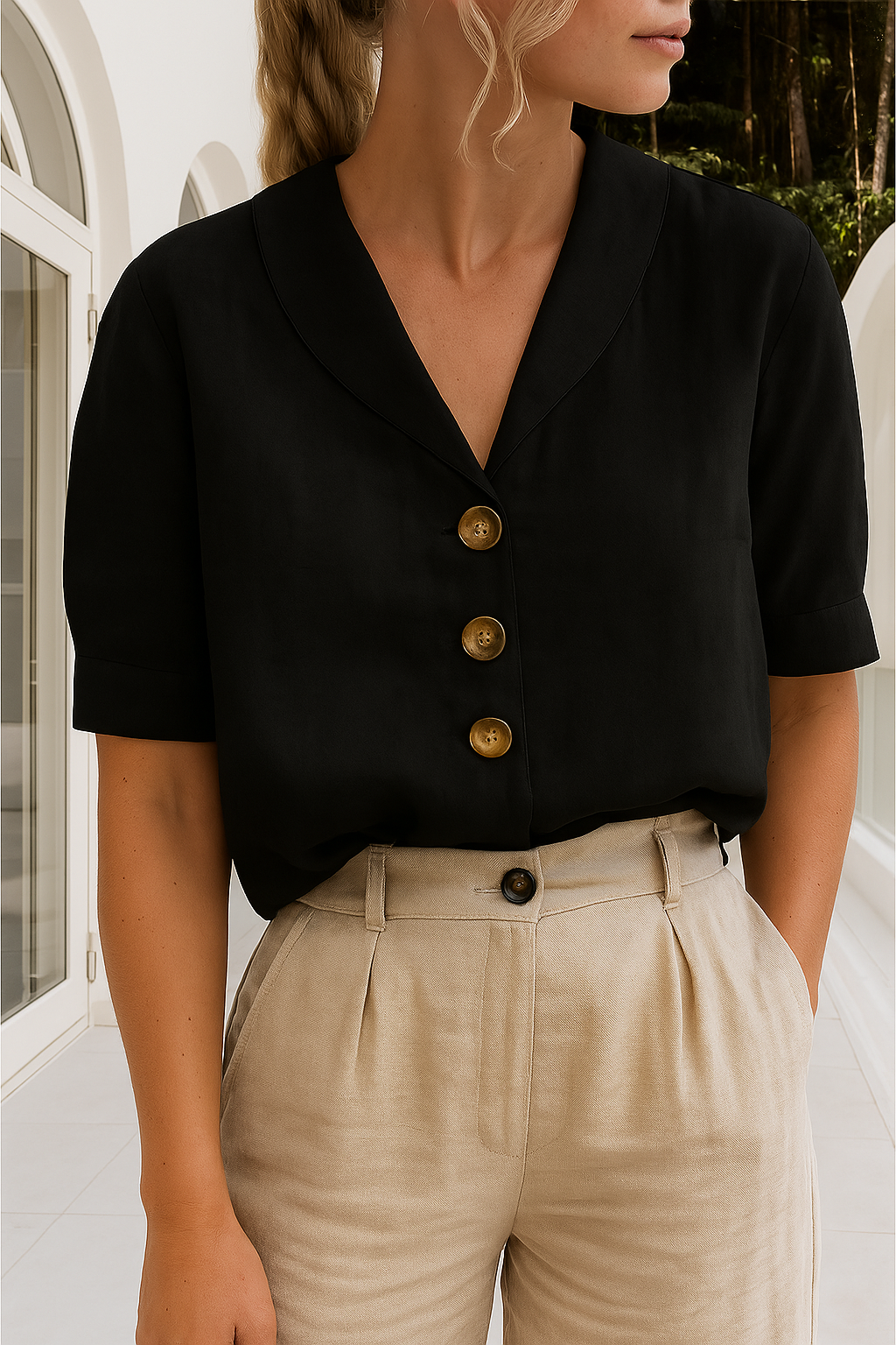 Quintessa | Button Front Shawl Collar Blouse Short Sleeve
